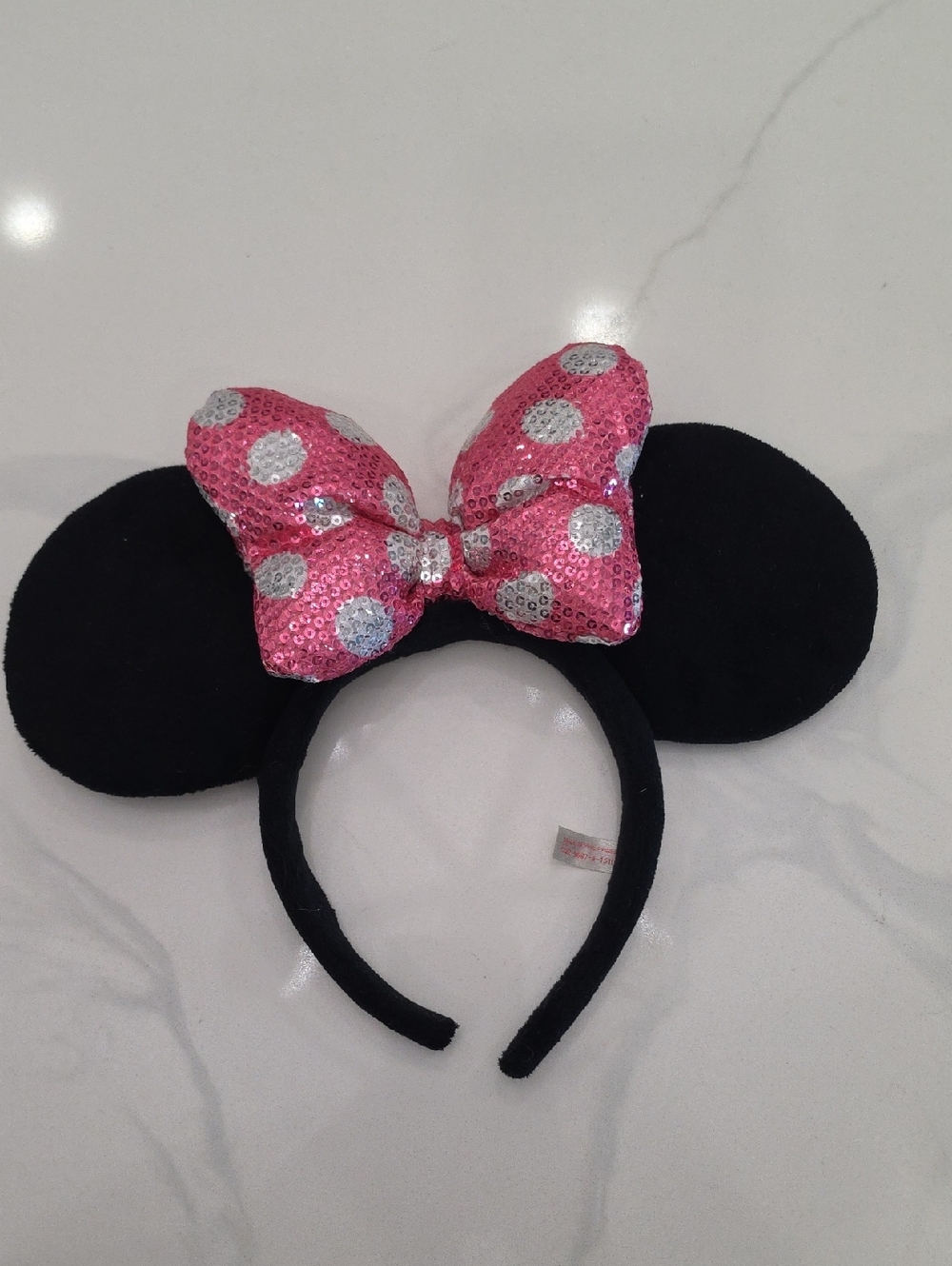 Tokyo Disney Minnie Mouse Black Ear Headband with Pink Sequin Polka Dot Bow